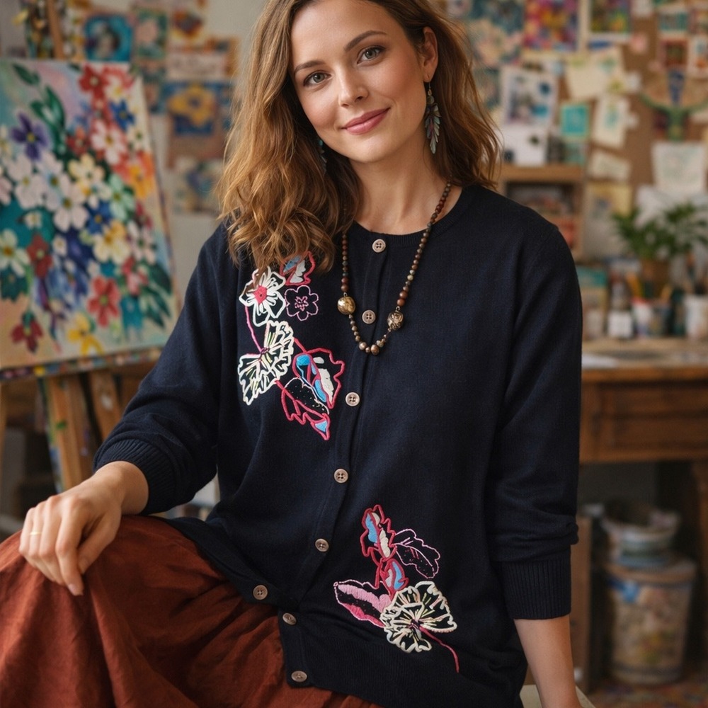 Storybook Knits Cardigan 1X Black Floral Embroidered Sequin Art To Wear Boho